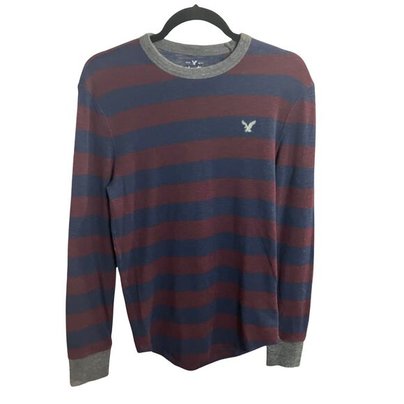 American Eagle Heritage Thermal Knit Long Sleeve XS Burgundy Navy Stripes - Picture 3 of 8